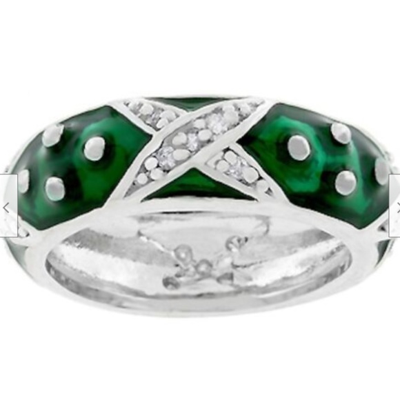 Silver Green Enamel Cubic Zirconia Ring Size 8 9 Band Rhodium Plated Stackable - Picture 1 of 8